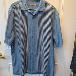 Retreat Light Blue Vertical-Stripe Short-Sleeve Silk Blend Button-Down Shirt